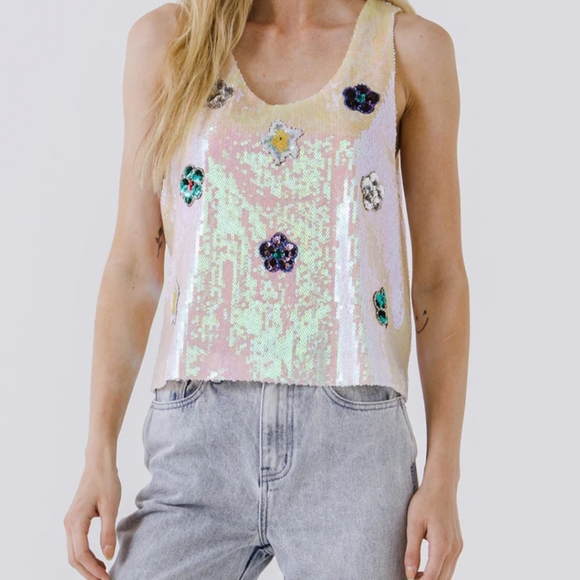 Endless Rose Bella Sequin Floral Tank - Size Large - Multicolor - Picture 1 of 6